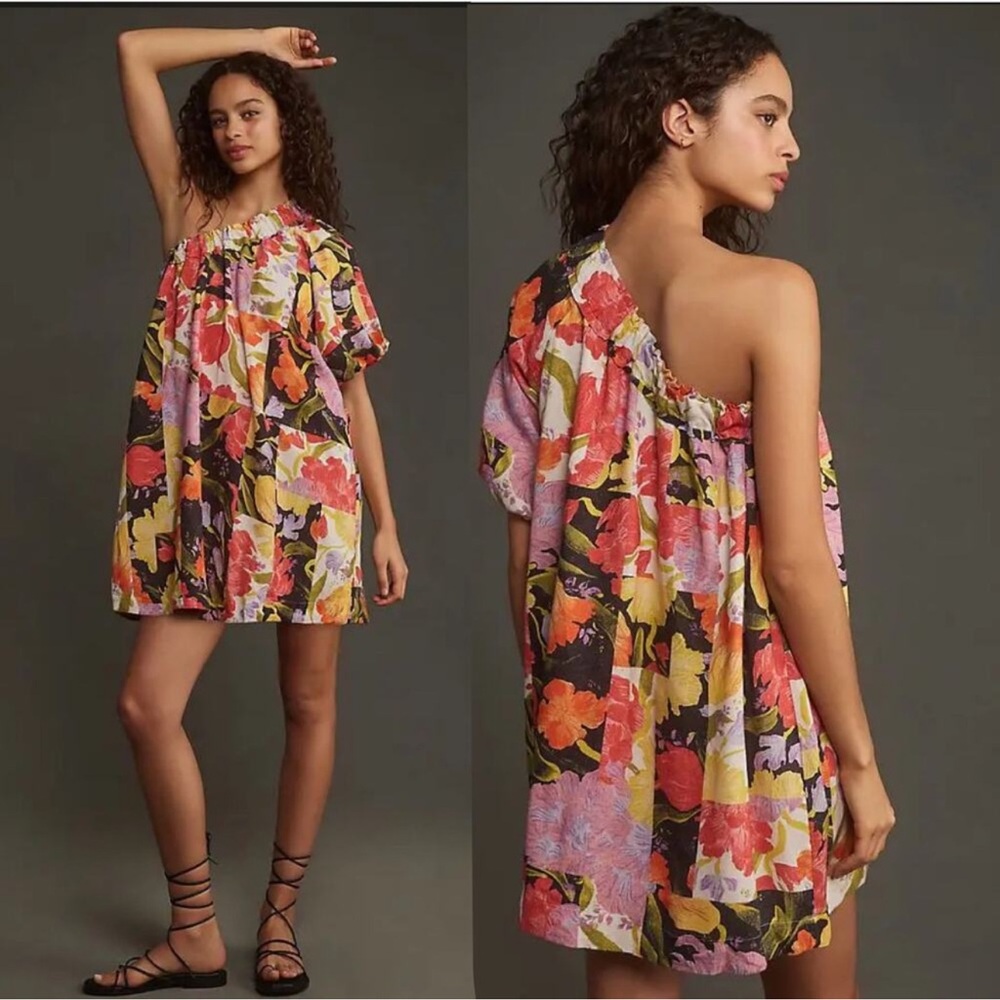NWT Anthropologie Yukiko Noritake One-Shoulder Mini Dress Women's Floral - Picture 1 of 10